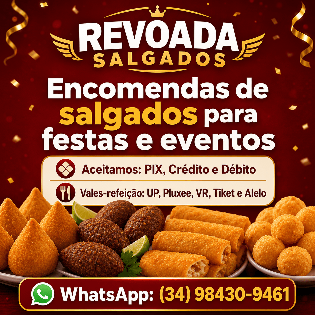 Combo Revoada: lanche, fritas, coxinha, bebida e doce sobre prato